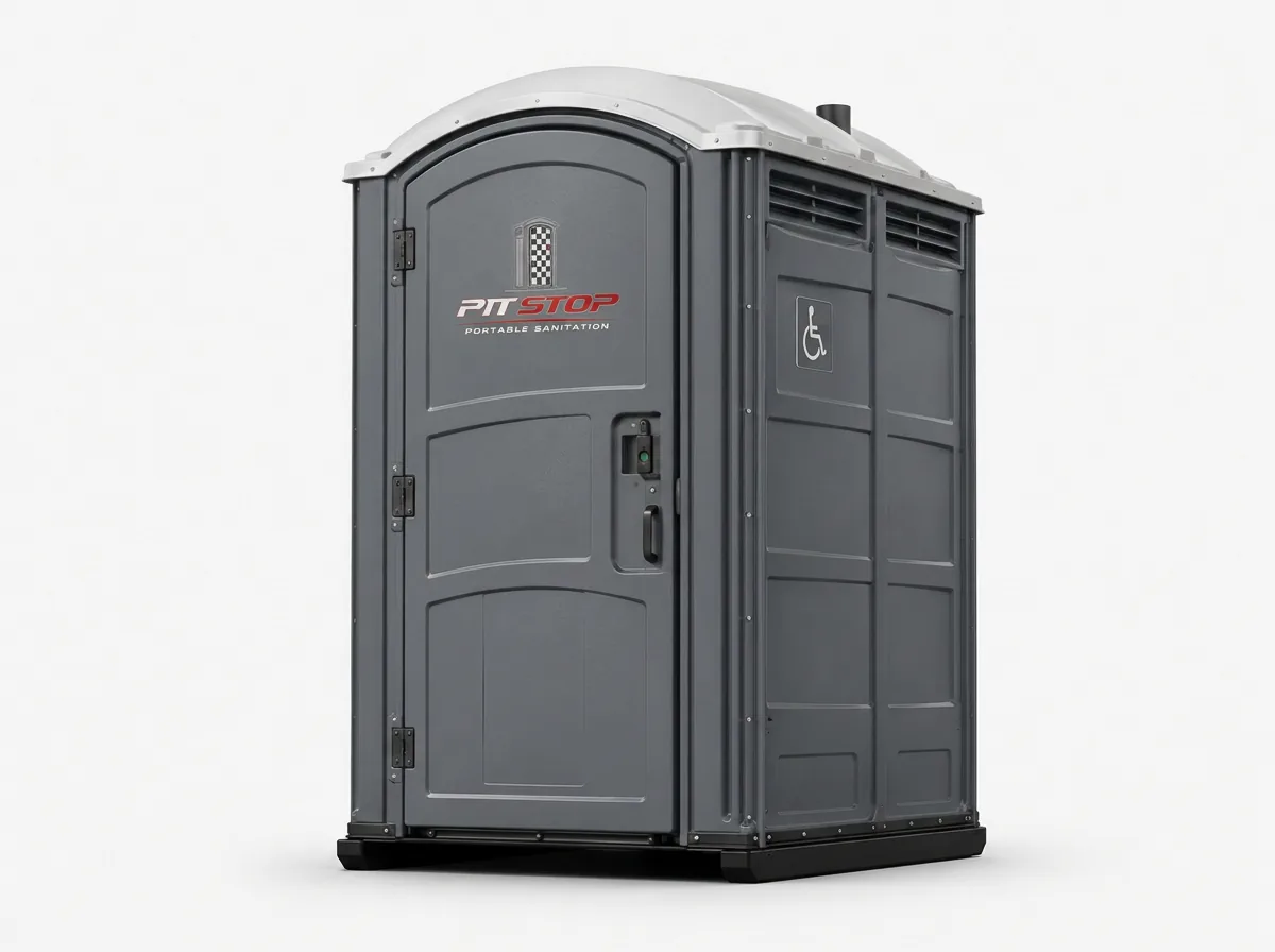 Wide wheelchair accessible portable toilet with the door open, on a white background