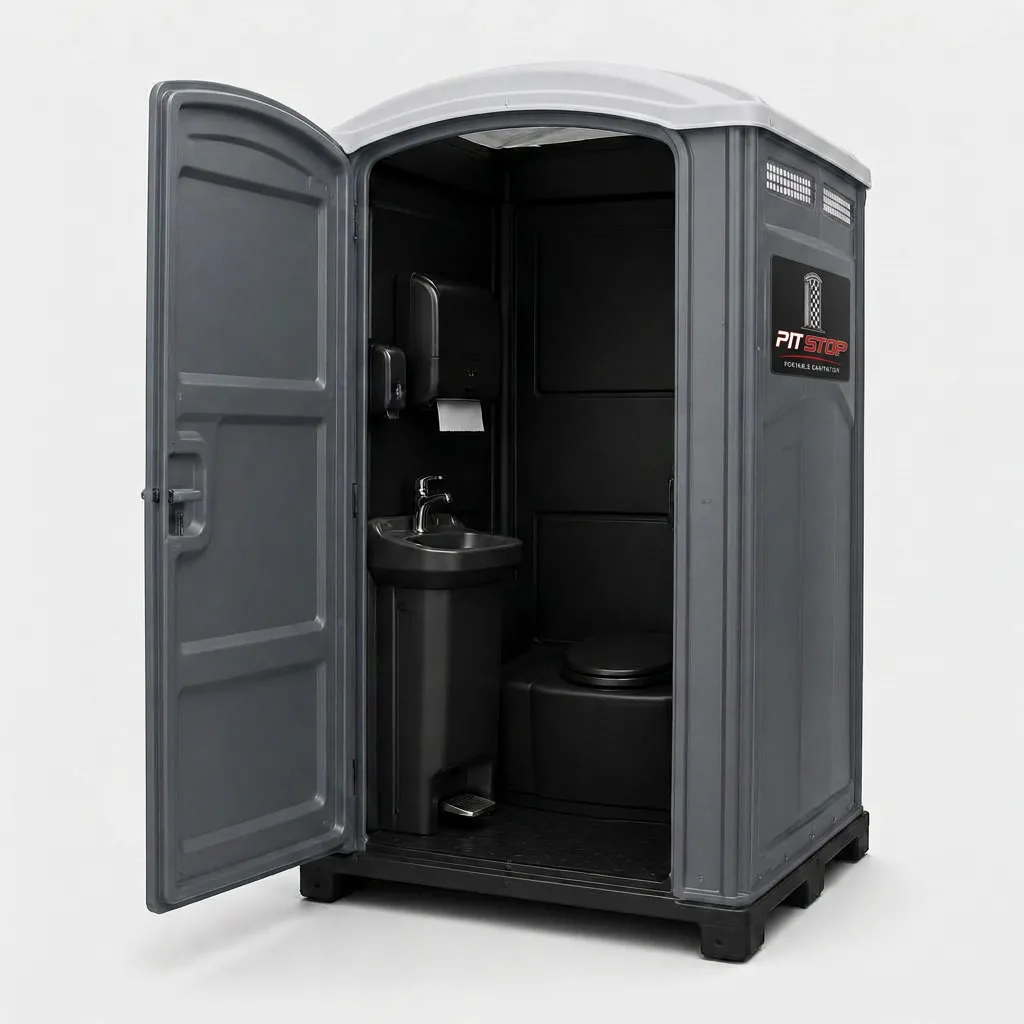 Deluxe portable restroom with the door open showing the interior foot-pedal handwash sink