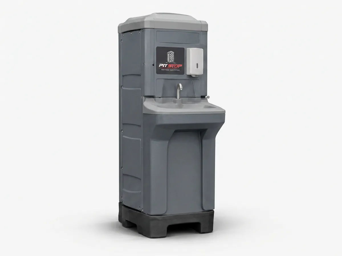 Freestanding two-basin portable handwashing station with foot pumps on a white background