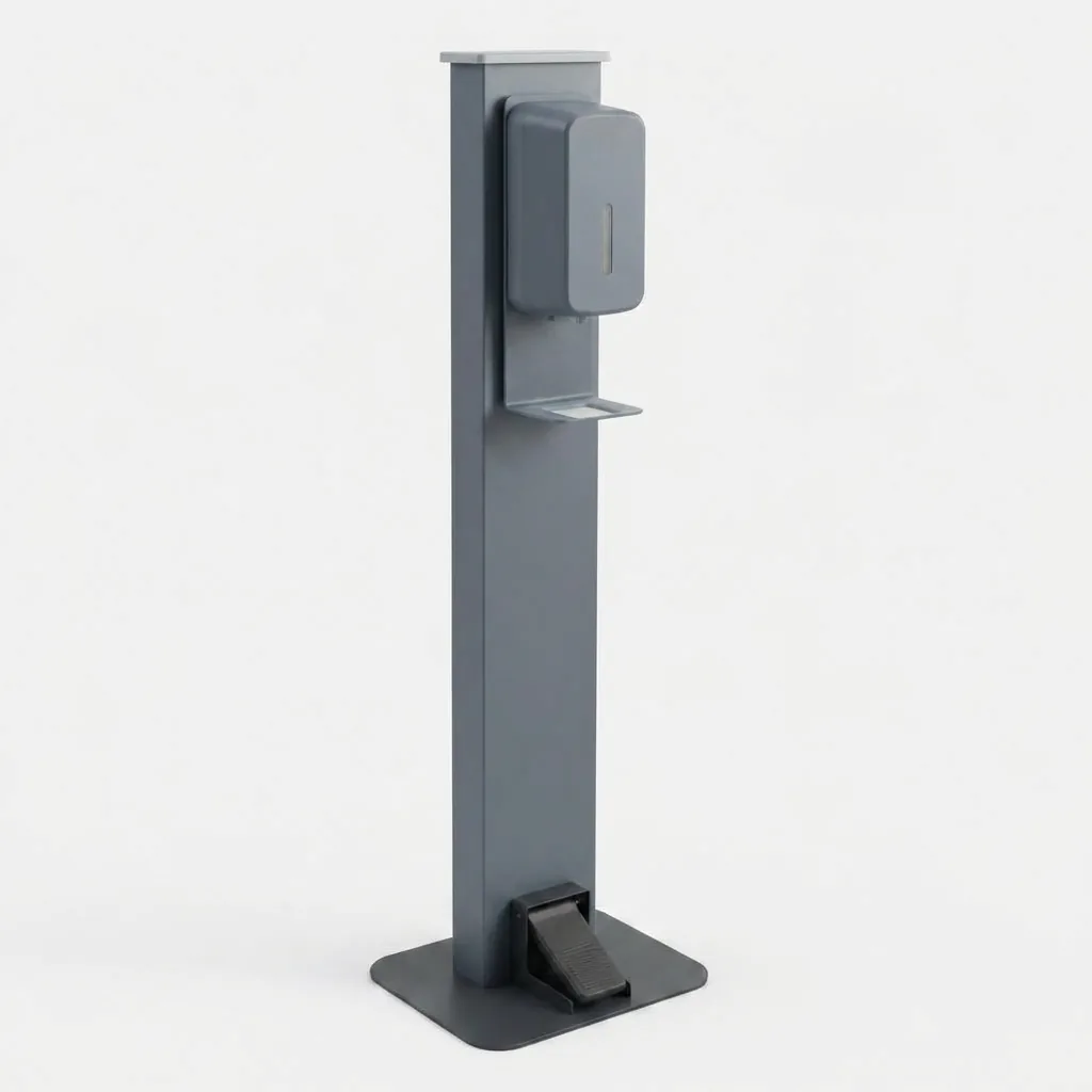 Freestanding hand sanitizer station with dual dispensers on a white background
