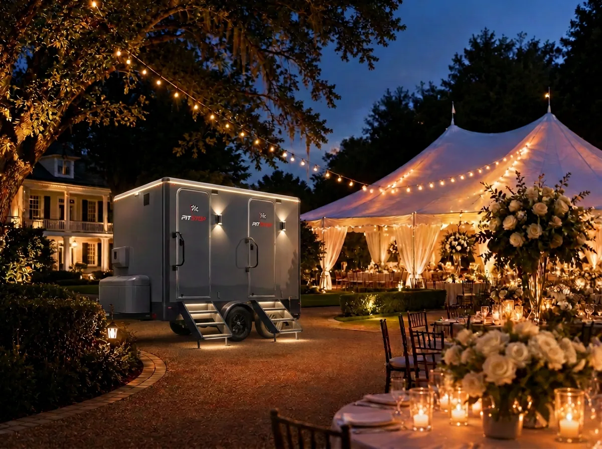 Luxury restroom trailer beside an elegant tented Long Island wedding reception at dusk