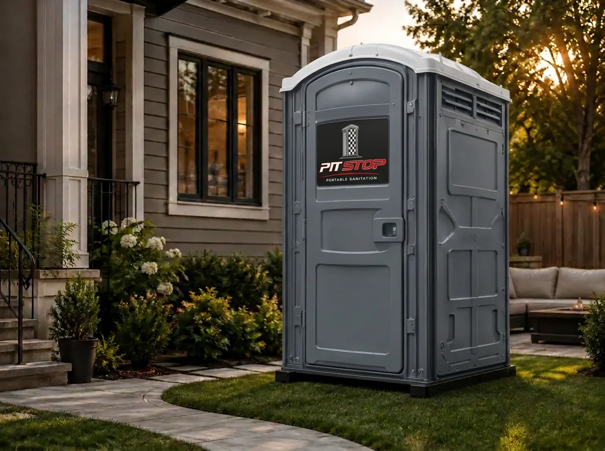 Single portable restroom unit placed neatly on a suburban Long Island driveway