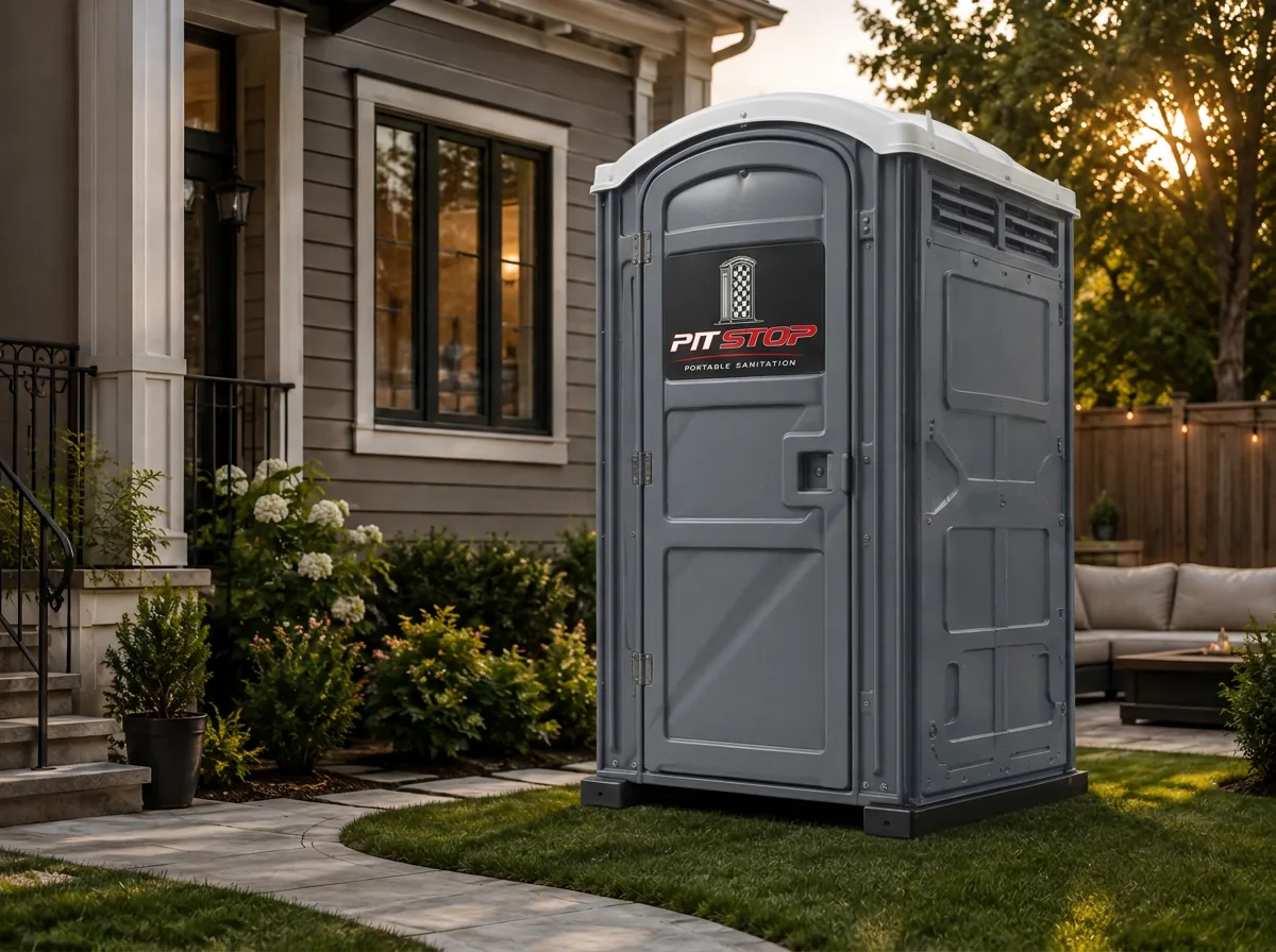 ADA-accessible tan portable restroom beside a standard gray unit on a Long Island residential street