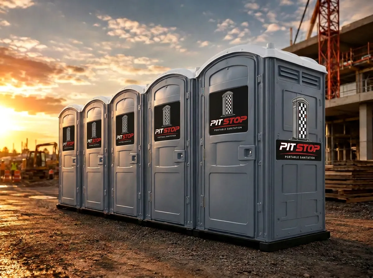 Row of clean Pitstop portable restroom units lined up on gravel at a Long Island job site