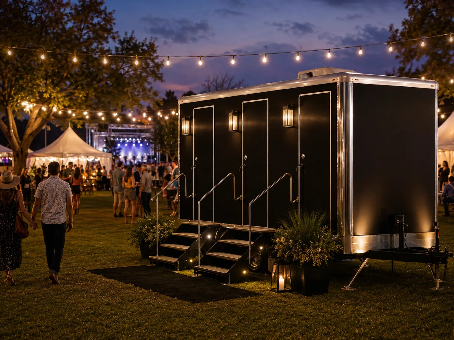 Multi-stall luxury restroom trailer under string lights at an outdoor event on Long Island