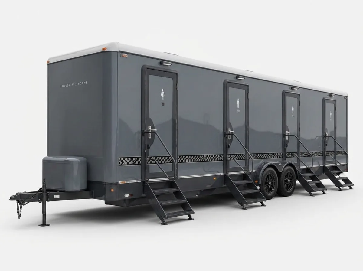 Dark gray multi-stall luxury restroom trailer with checkered accent stripe, shown as a clean product shot